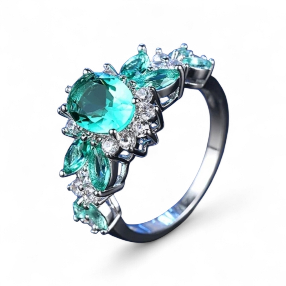0.925 Sterling Silver Ladies Halo Ring Oval Ocean Green Summer Feminine Chic